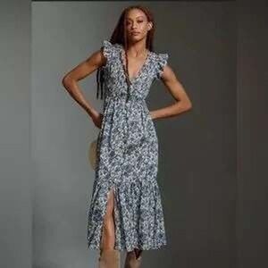 Anthropologie Midi Dress Blue Floral Smocked V Neck Button Front‎ Ruffle Size L